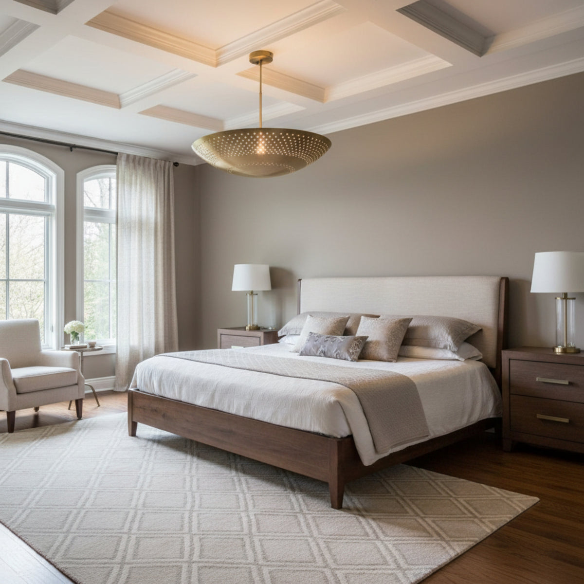 Ibiza 5 light brass disc chandelier shown from a low angle highlighting the wide bowl silhouette and perforated detailing.
