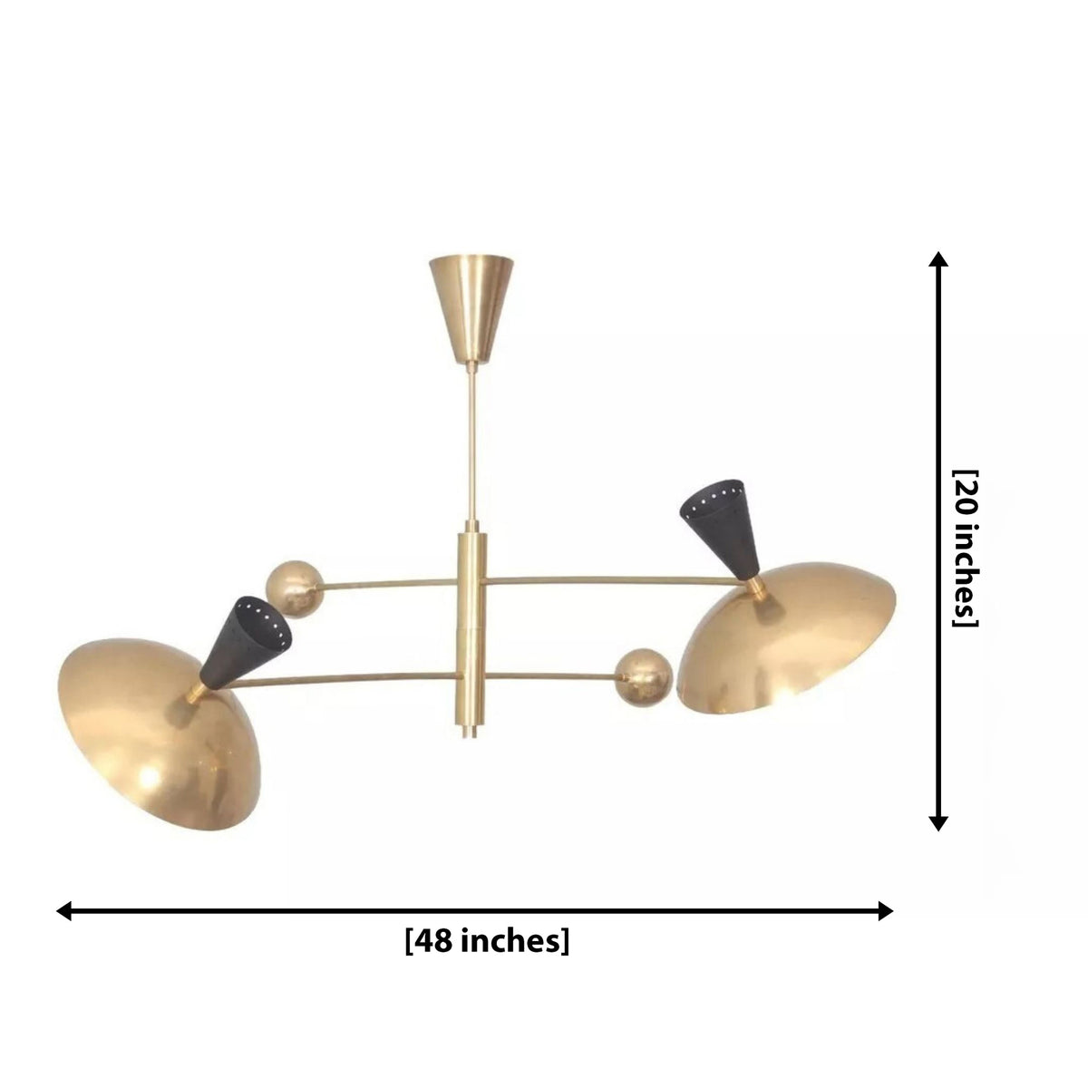 Ibiza 4 light brass-tone balance arm chandelier dimension image showing 48 inch width and 20 inch height.