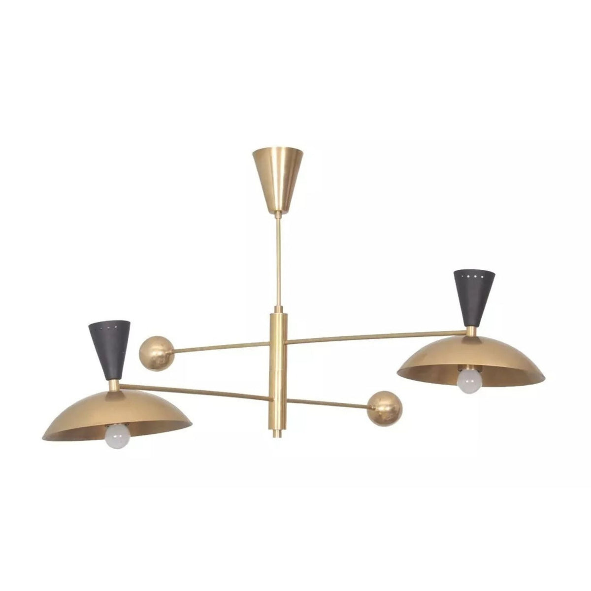 Ibiza 4 light brass-tone balance arm chandelier shown from the front with dome shades, black cone accents, and exposed globe bulbs.