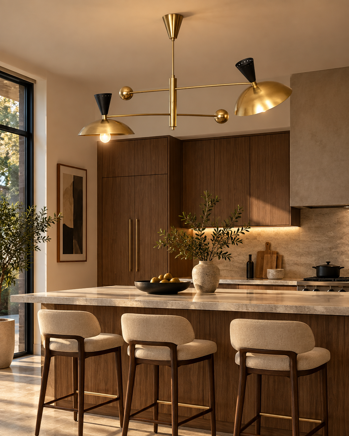 Ibiza 4 light brass-tone balance arm chandelier installed above a modern kitchen island with walnut cabinetry and warm natural lighting.