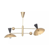 Ibiza 4 light Mid-Century balance arm chandelier shown from the side with brass dome shades and contrasting black cone accents.