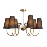 Modern brass chandelier with six black fabric shades, handmade design featuring curved brass arms and a warm, elegant lighting effect.