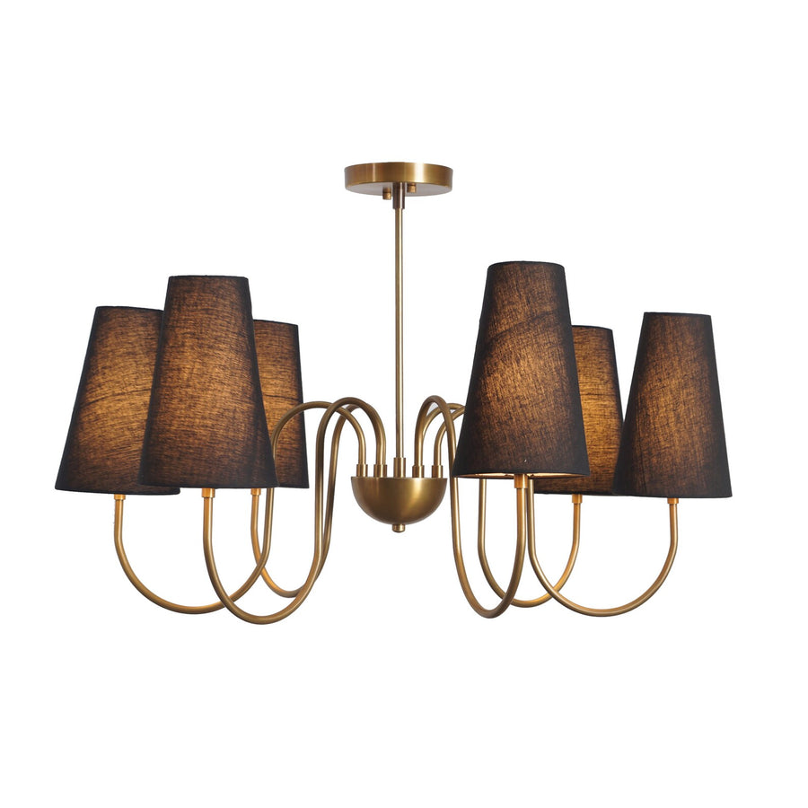 Modern brass chandelier with six black fabric shades, handmade design featuring curved brass arms and a warm, elegant lighting effect.