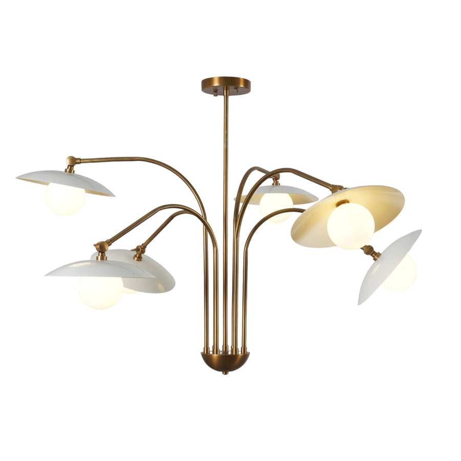 Elegant brass ceiling chandelier with six adjustable arms and round white glass shades, perfect for modern living or dining spaces.