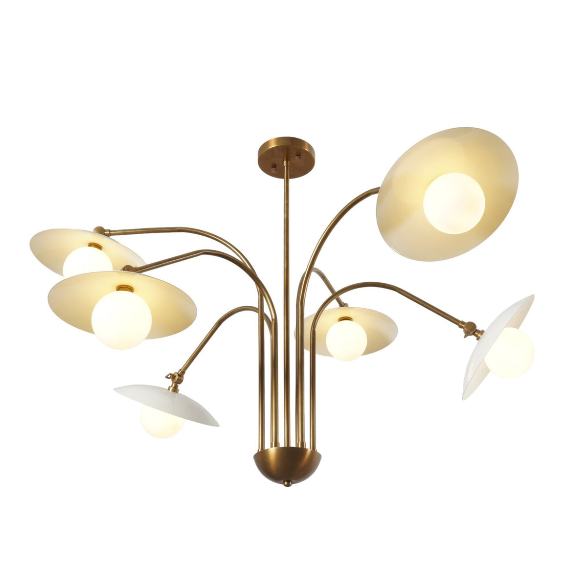 Sculptural mid-century chandelier with frosted glass globes and brushed brass arms extending outward in a balanced radial design.