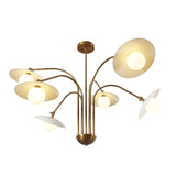 Sculptural mid-century chandelier with frosted glass globes and brushed brass arms extending outward in a balanced radial design.
