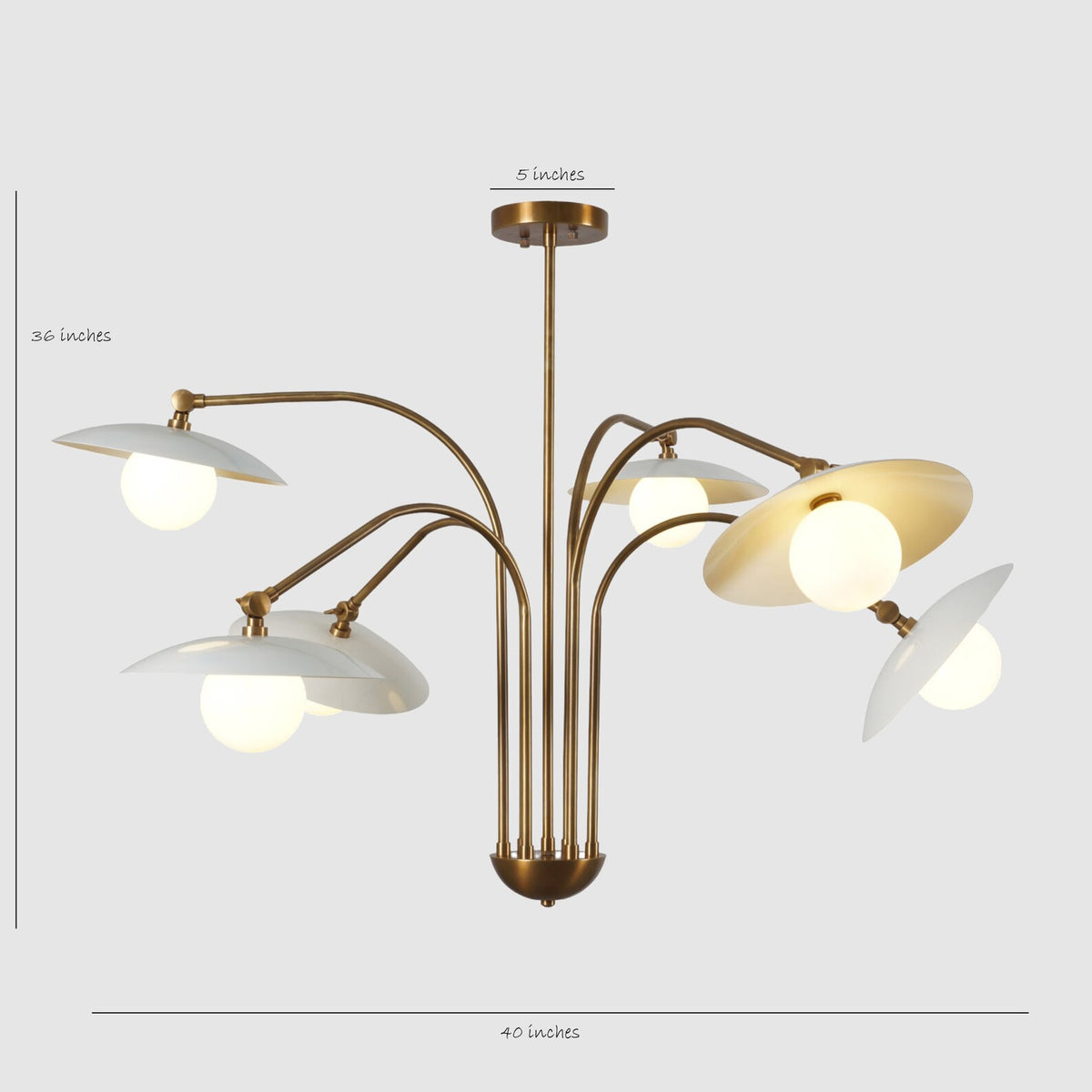 Dimensional view of brass and glass chandelier measuring 40 inches wide and 36 inches high, highlighting its proportions and elegant symmetry.