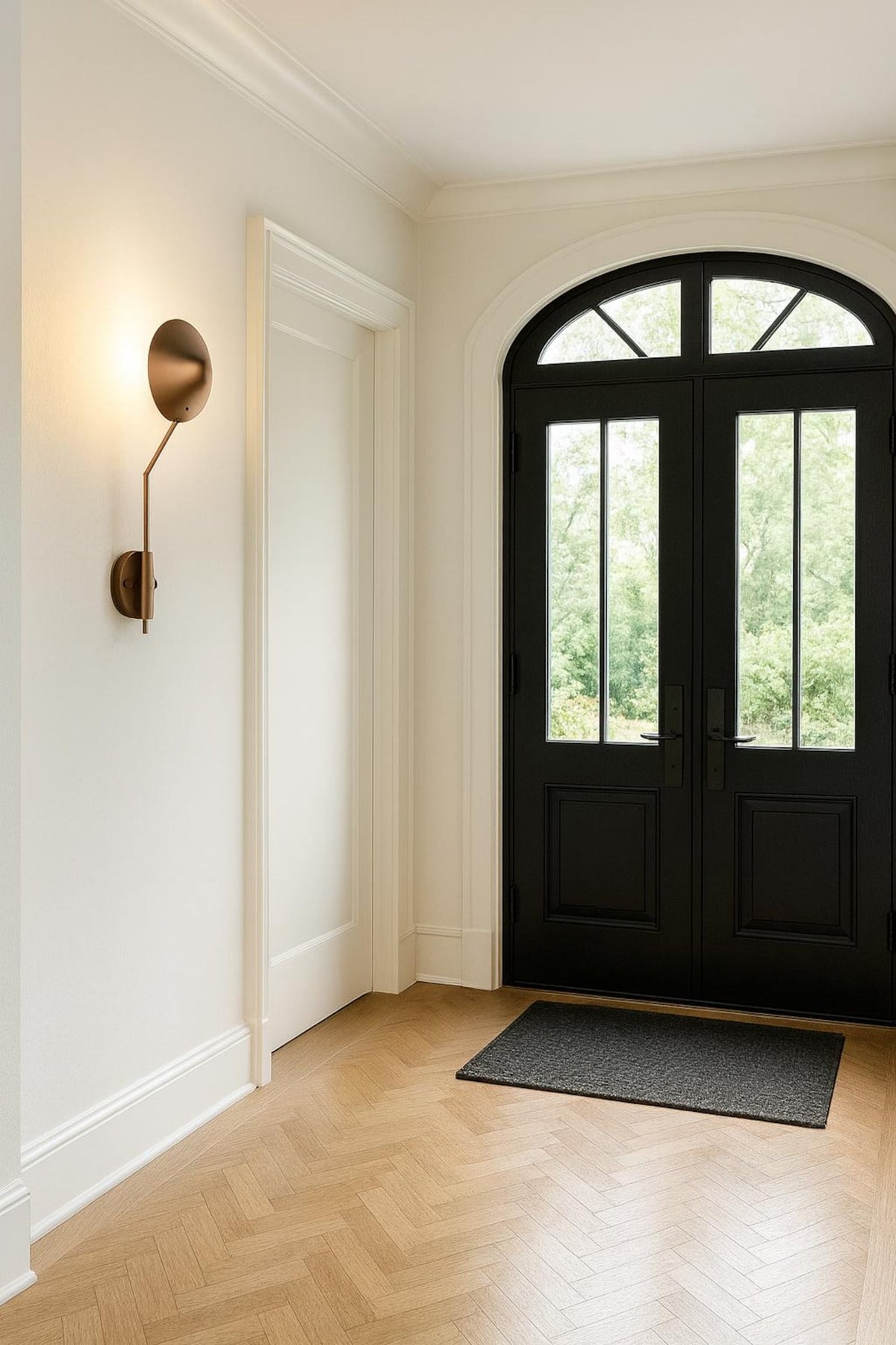Modern brass disc wall light mounted in an entryway beside a black double door, providing warm indirect accent lighting.