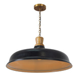 Angled view of black brass pendant lamp featuring wooden neck detail and gold chain, ideal for kitchens, cafes, and dining interiors.