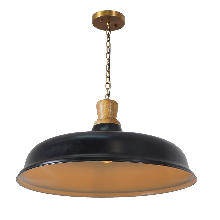 Modern industrial black pendant light with wood accent and brass ceiling chain, combining rustic warmth with sleek matte finish design.