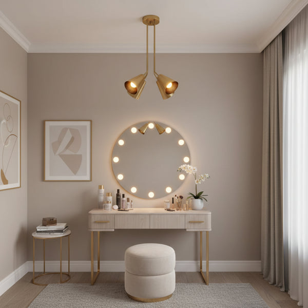 Kensington 4 light brass cone chandelier shown from the side featuring curved suspension rods and directional metal shades.