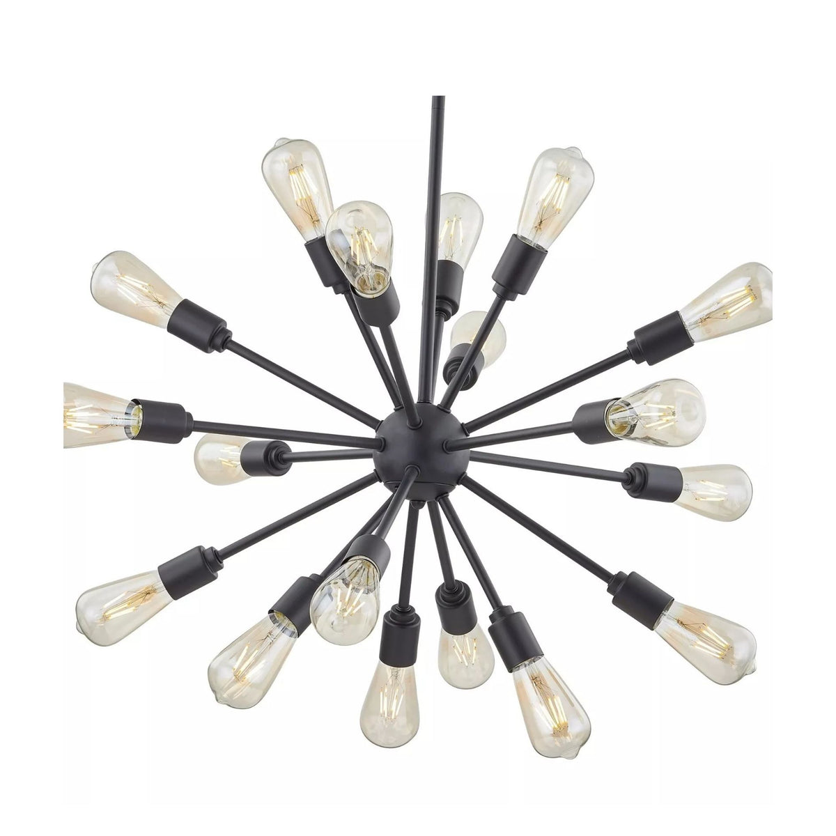 Close-up view of the Kensington 18 light Sputnik chandelier featuring a black spherical hub, radiating arms and exposed bulbs.