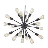 Close-up view of the Kensington 18 light Sputnik chandelier featuring a black spherical hub, radiating arms and exposed bulbs.
