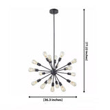 Kensington 18 light black Sputnik chandelier dimension view showing 36.3 inch width and 77.22 inch overall height.