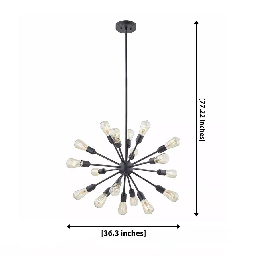 Kensington 18 light black Sputnik chandelier creating a dramatic focal point in a modern living room with warm evening lighting.
