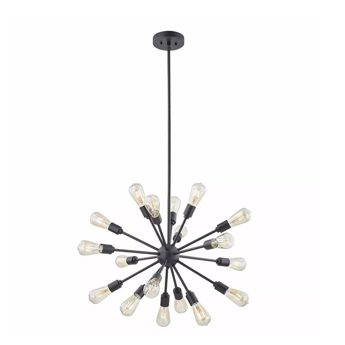 Kensington 18 light black Sputnik chandelier shown from the front with exposed bulbs and sculptural radial arms.