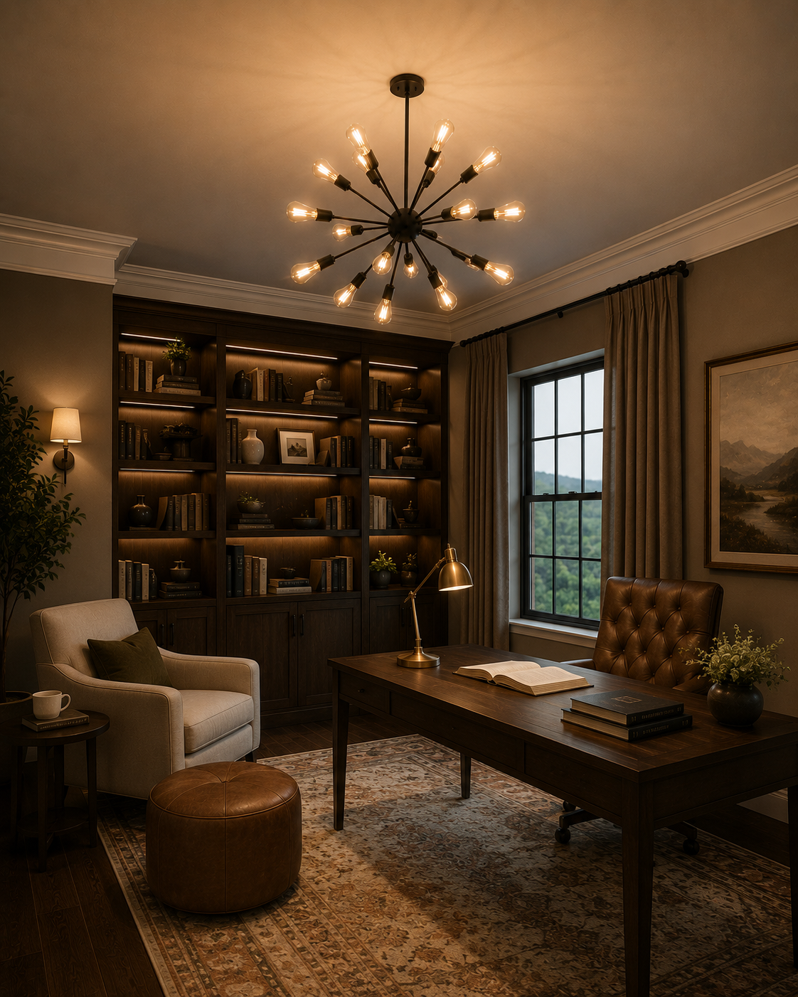 Kensington 18 light black Sputnik chandelier displayed in an elegant home office with dark wood shelving and warm interior lighting.