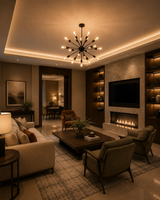 Kensington 18 light black Sputnik chandelier illuminating a sophisticated contemporary living room with warm ambient lighting.