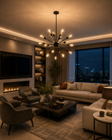 Kensington 18 light black Sputnik chandelier creating a dramatic focal point in a modern living room with warm evening lighting.