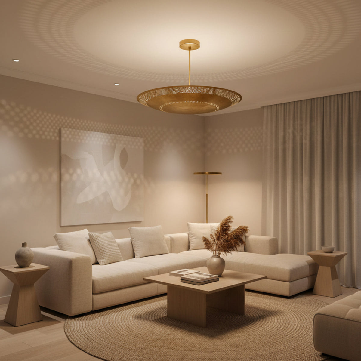 Kyoto 5 light brass-tone perforated disc chandelier shown from an angled view with a wide sculptural bowl profile.