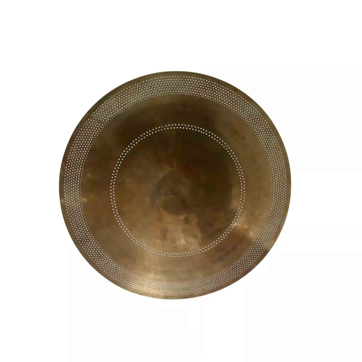 Kyoto 5 light perforated disc chandelier shown from below highlighting its circular pattern and sculptural brass-tone bowl design.