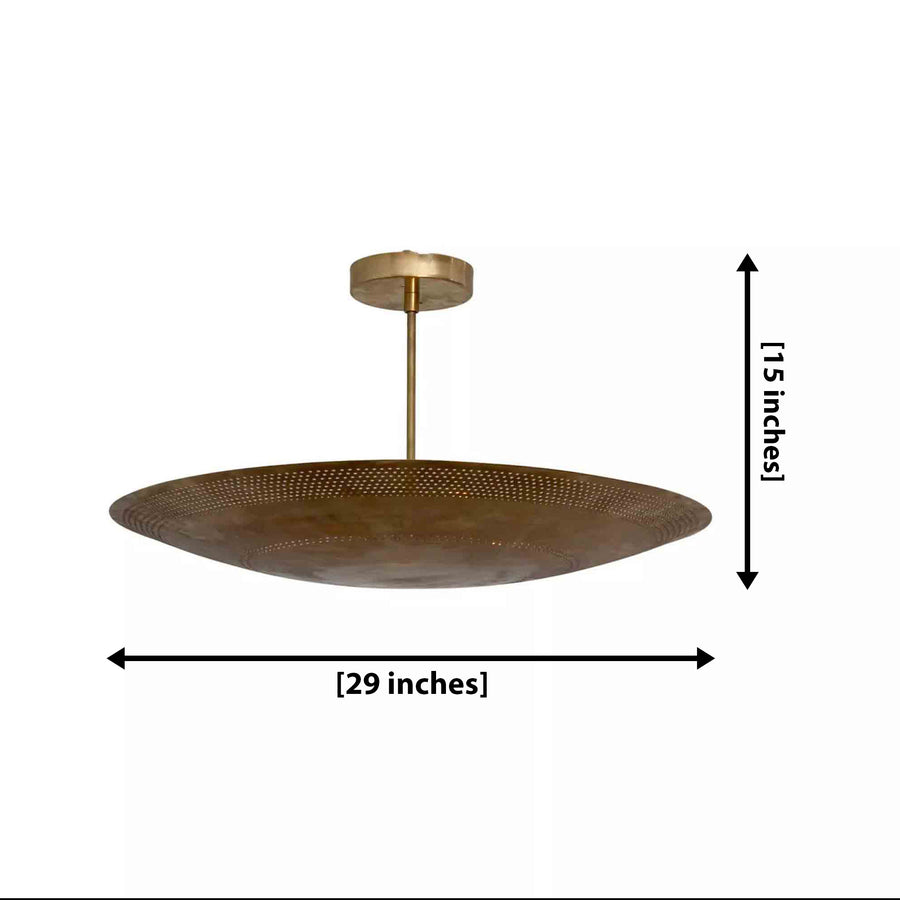 Kyoto 5 light brass-tone perforated disc chandelier shown from an angled view with a wide sculptural bowl profile.
