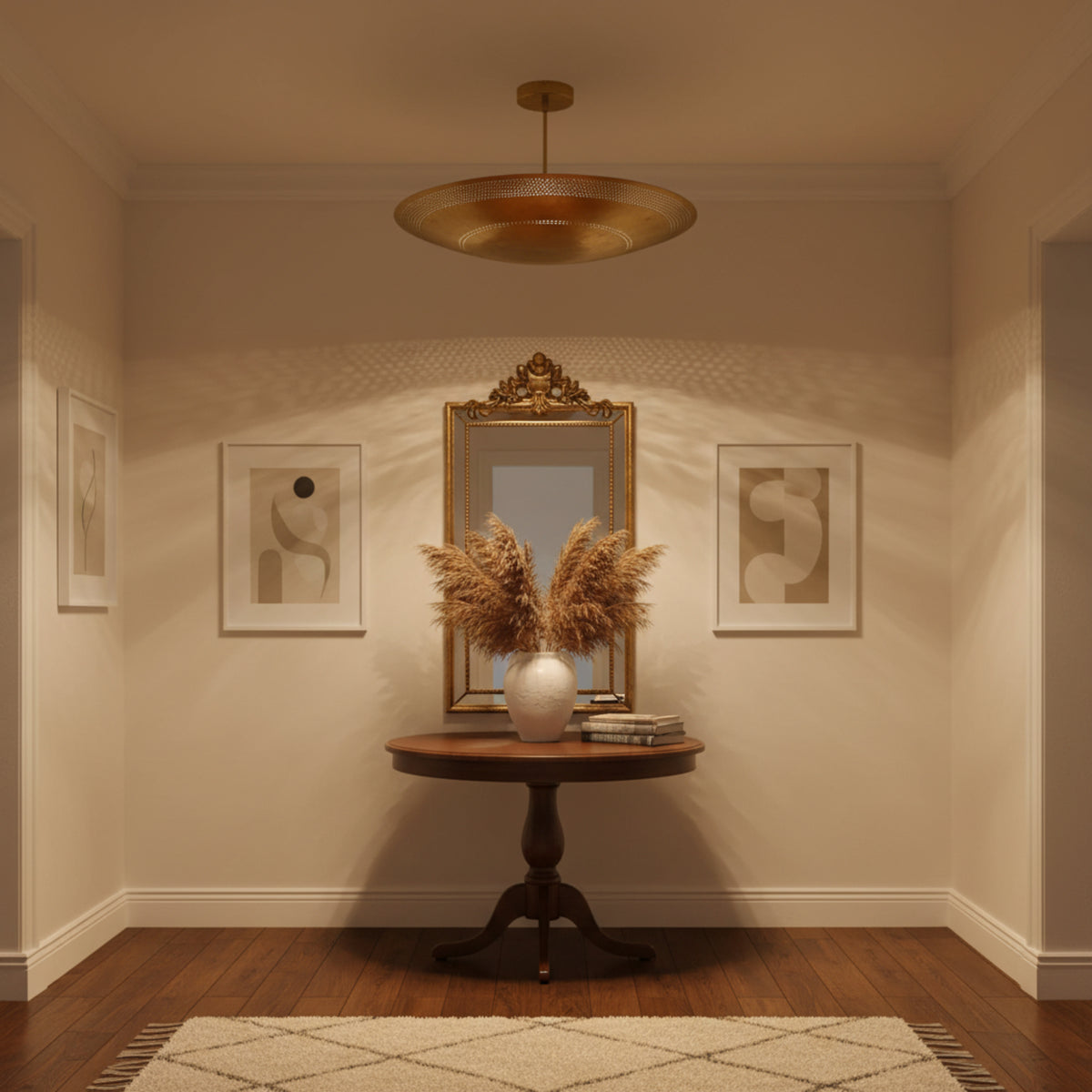 Kyoto 5 light Mid-Century Modern disc chandelier shown from a front angle with detailed perforations and a brass-tone finish.
