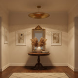 Kyoto 5 light Mid-Century Modern disc chandelier shown from a front angle with detailed perforations and a brass-tone finish.