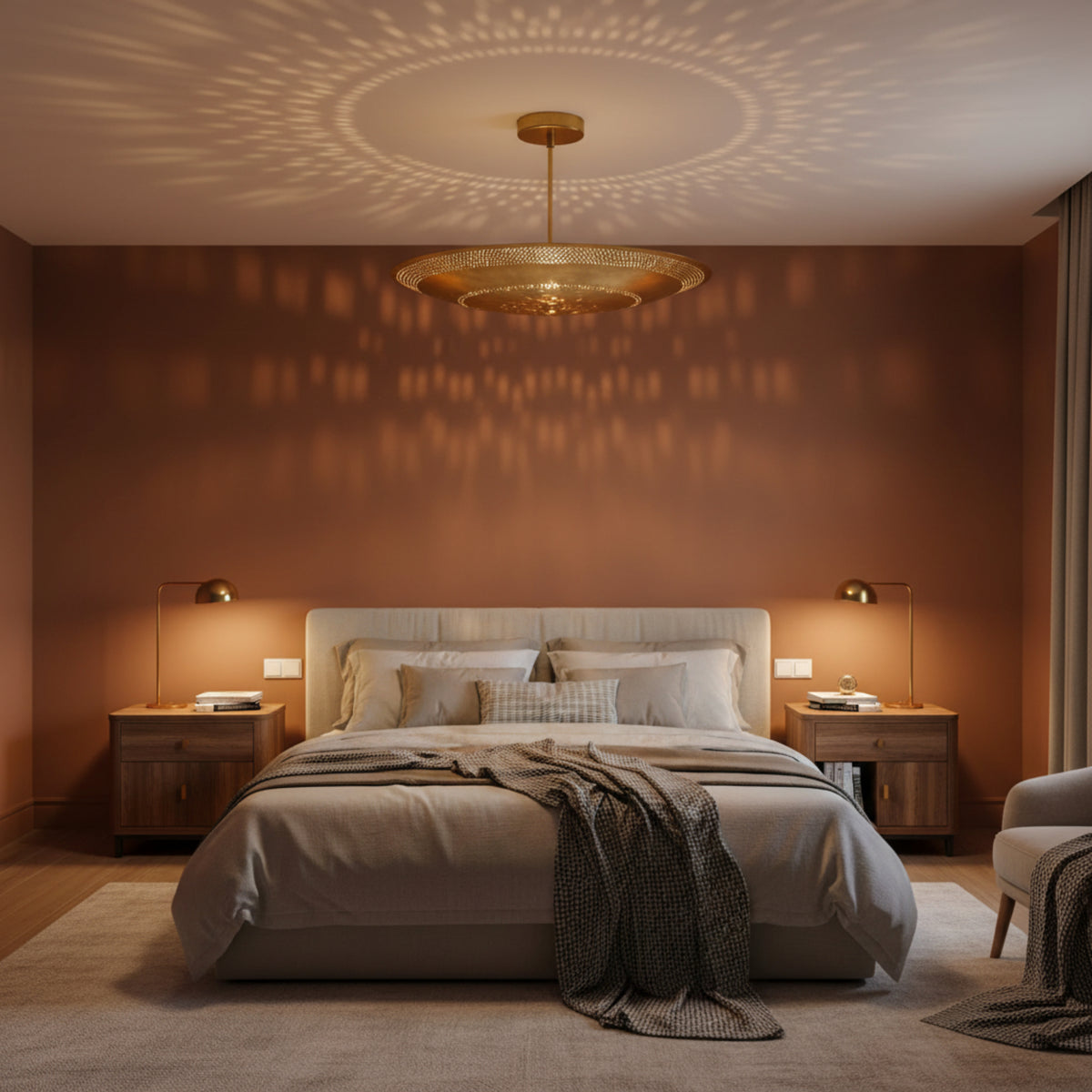 Kyoto 5 light brass-tone disc chandelier shown from the side with a shallow bowl profile, perforated detailing, and downrod suspension.