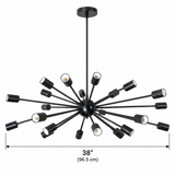 Dimension diagram of the Kyoto 24-light black Sputnik chandelier showing its 38-inch width, cylindrical light holders, spherical central hub, and geometric radial arm arrangement.