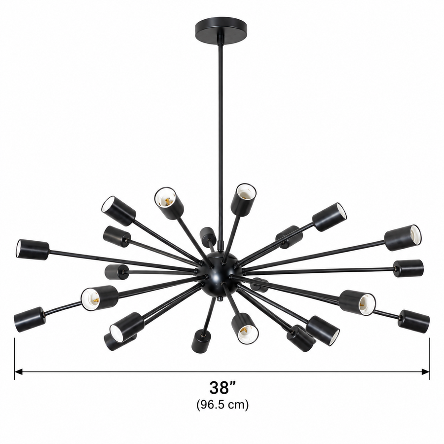 Illuminated Kyoto 24-light black Sputnik chandelier hanging above a walnut dining table with cream upholstered chairs in an elegant contemporary dining room with warm ambient lighting.