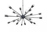 Angled view of the Kyoto 24-light black Sputnik chandelier showcasing its three-dimensional starburst silhouette, slender metal arms, cylindrical bulb holders, and central spherical hub.