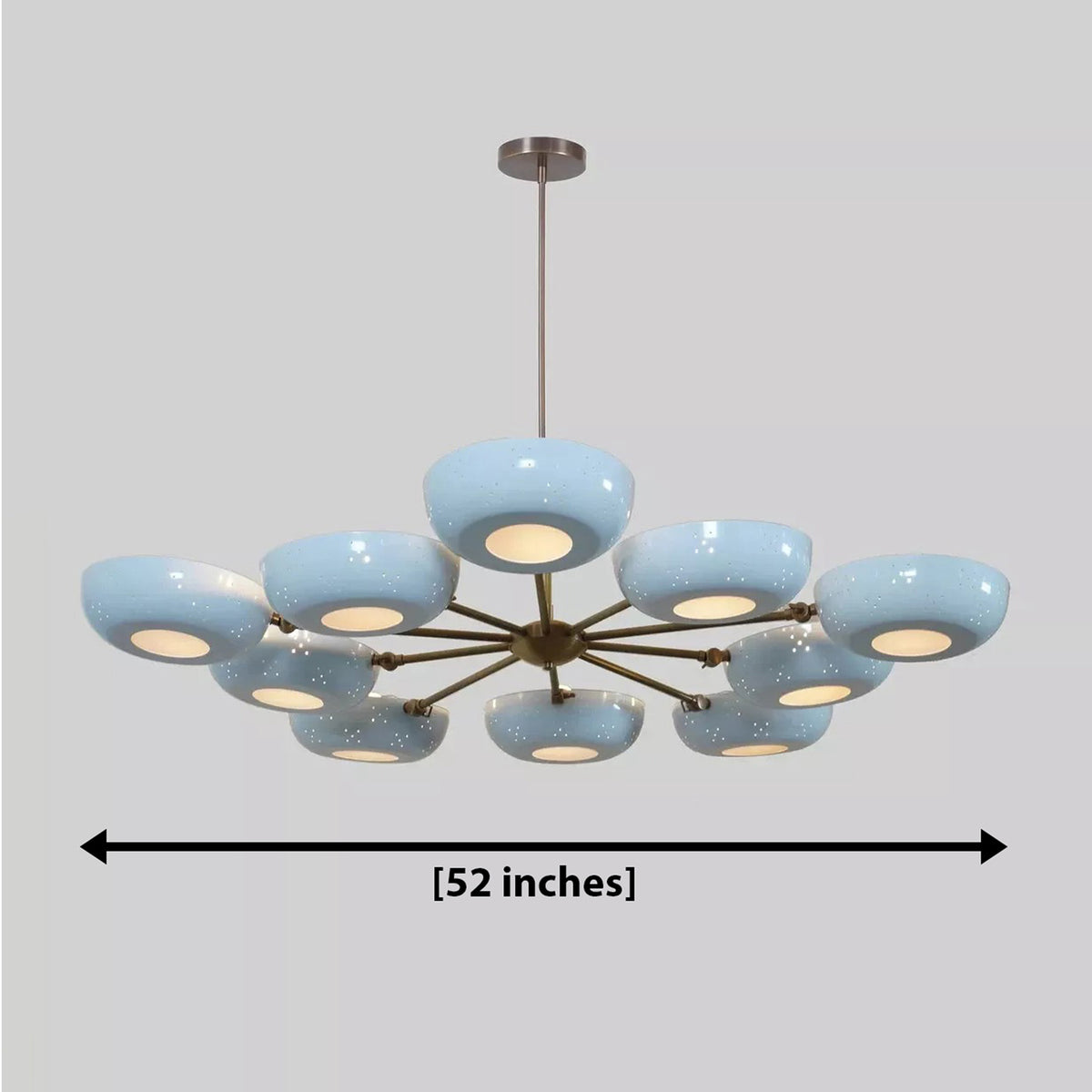 Lecce sculptural 10-light chandelier with sky-blue bowl shades and brass-tone frame, displaying its overall 52-inch width against a neutral background.