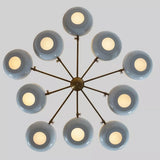 Bottom view of the Lecce 10-light Sputnik chandelier showing ten symmetrical radial arms, glossy light-blue bowl shades, and illuminated circular white diffusers.