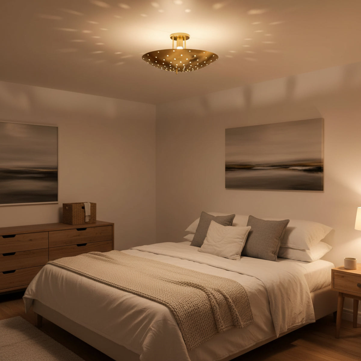 Lecce 1 light brass-tone perforated bowl flush mount chandelier shown from the front on a white background.