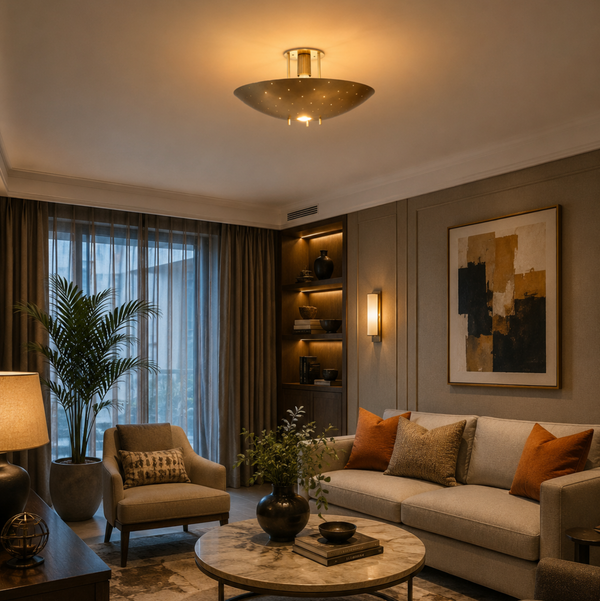Lecce 1 light perforated brass bowl flush mount chandelier illuminated on the ceiling of an elegant contemporary living room.