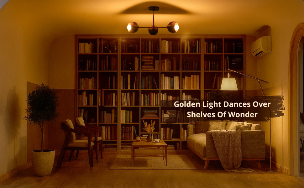 Golden brass chandelier illuminating cozy reading nook with bookshelf background