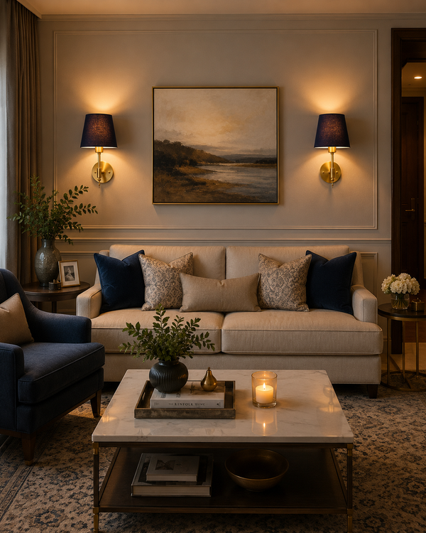 Pair of handcrafted antique brass wall sconces with rich blue tapered fabric shades installed in an elegant living room, adding warm ambient lighting and timeless sophistication.