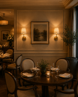 Milan natural linen shade brushed brass wall sconces installed beside framed artwork in an elegant dining room with warm ambient lighting.