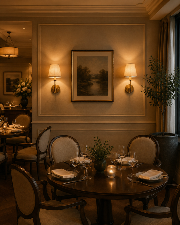 Milan natural linen shade brushed brass wall sconces installed beside framed artwork in an elegant dining room with warm ambient lighting.