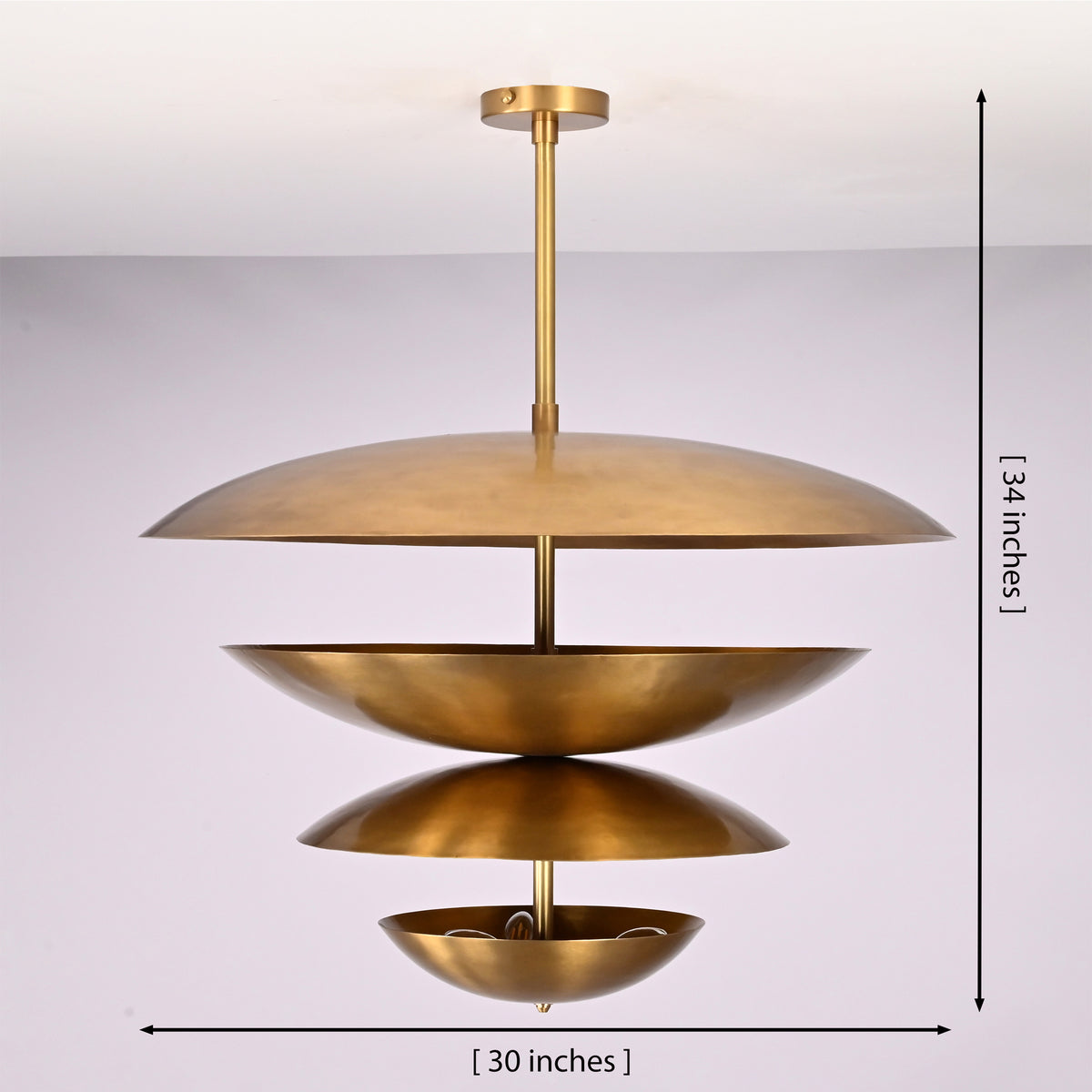 Lior Modern Tiered Disc Chandelier dimensions showing 30-inch diameter and 34-inch height with layered Scandinavian disc design