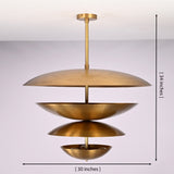 Lior Modern Tiered Disc Chandelier dimensions showing 30-inch diameter and 34-inch height with layered Scandinavian disc design