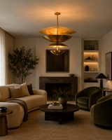 Lior Modern Tiered Disc Chandelier installed in a contemporary living room creating a sculptural Scandinavian statement with warm ambient lighting