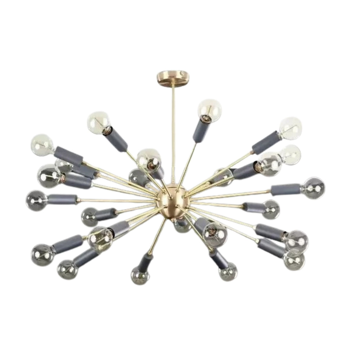 Angled view of Lucca 24-light Sputnik chandelier with gold-tone radial arms, black cylindrical sockets, and exposed decorative bulbs.