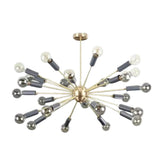 Angled view of Lucca 24-light Sputnik chandelier with gold-tone radial arms, black cylindrical sockets, and exposed decorative bulbs.