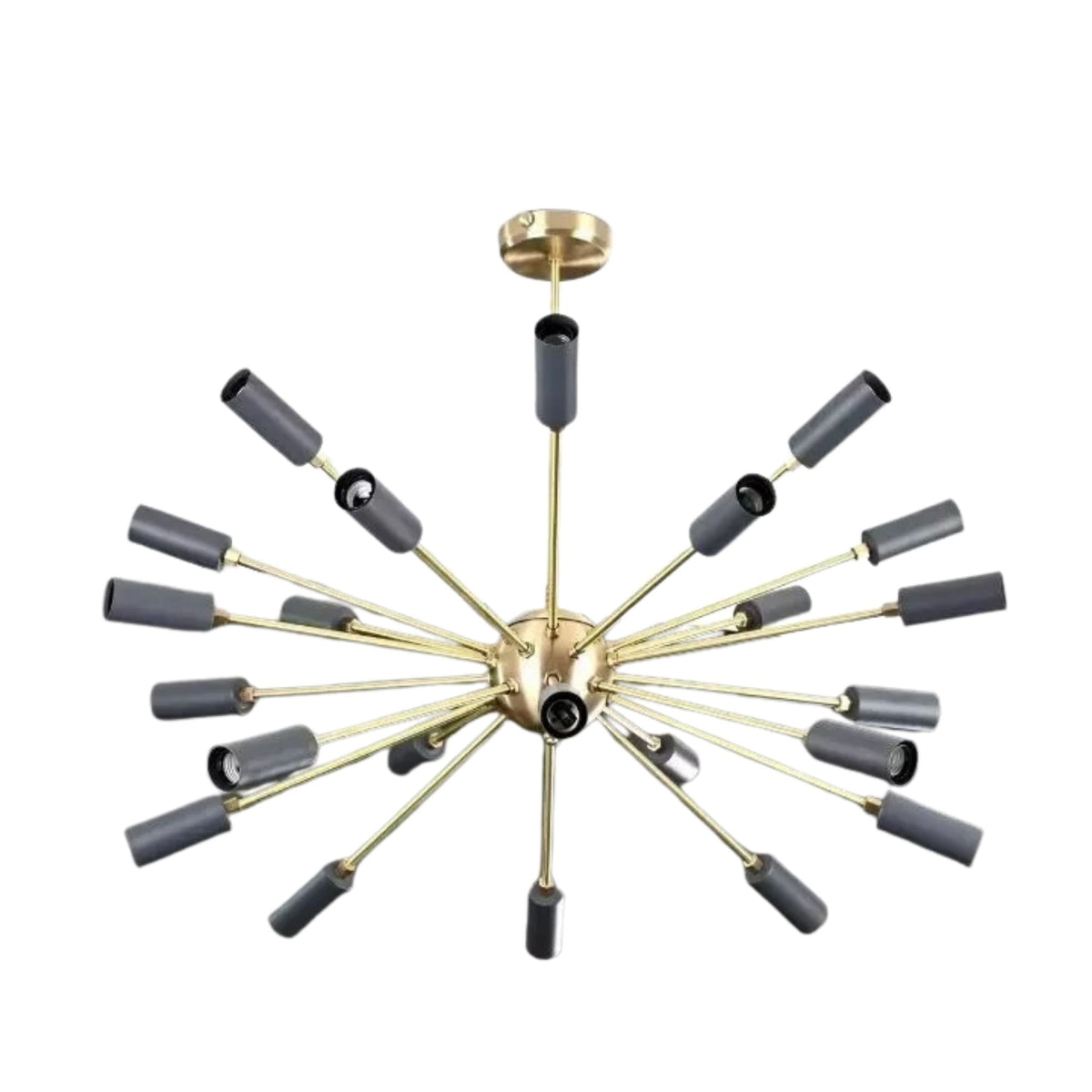 Lucca Sputnik chandelier without bulbs, showcasing 24 black cylindrical lamp holders extending from a gold-tone spherical center.