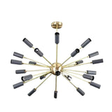 Lucca Sputnik chandelier without bulbs, showcasing 24 black cylindrical lamp holders extending from a gold-tone spherical center.