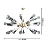Lucca 24-light Sputnik chandelier dimension diagram showing 35.4-inch width and 26.2-inch overall height with brass-tone arms and black bulb holders.