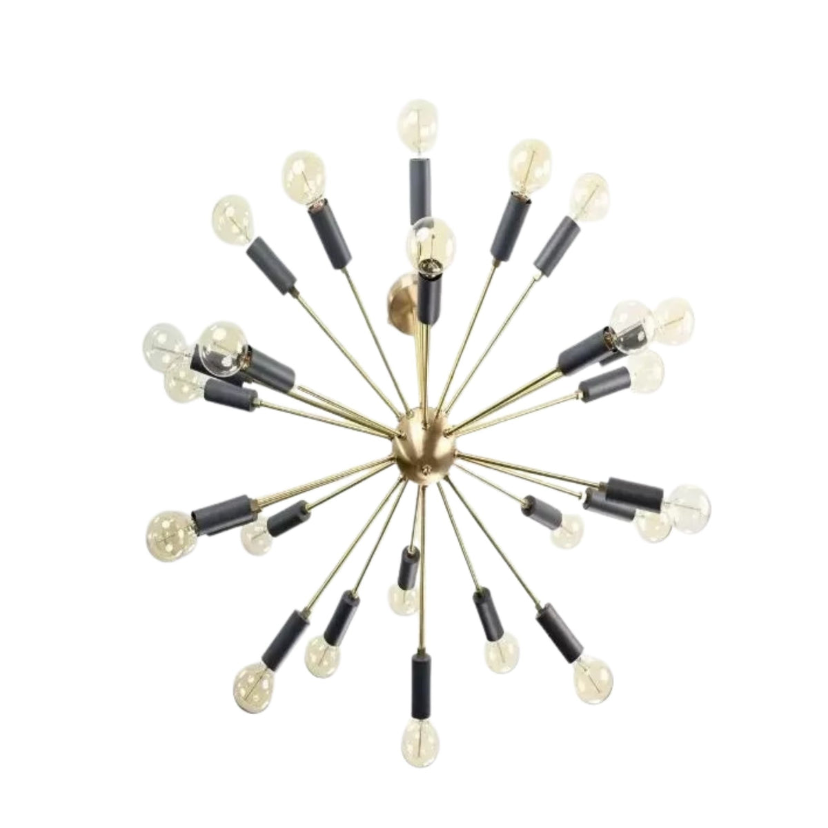 Lucca 24-light Mid-Century Modern Sputnik chandelier featuring a brass-tone central sphere, black cylindrical bulb holders, and radiating metal arms.
