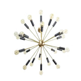Lucca 24-light Mid-Century Modern Sputnik chandelier featuring a brass-tone central sphere, black cylindrical bulb holders, and radiating metal arms.